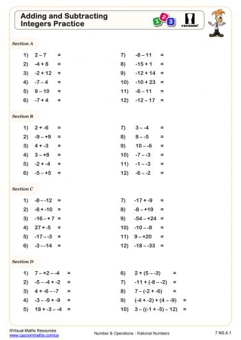adding and subtracting integers worksheet printable