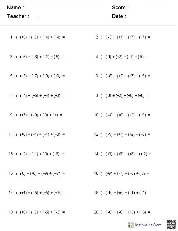 Integers Worksheets | Dynamically Created Integers Worksheets