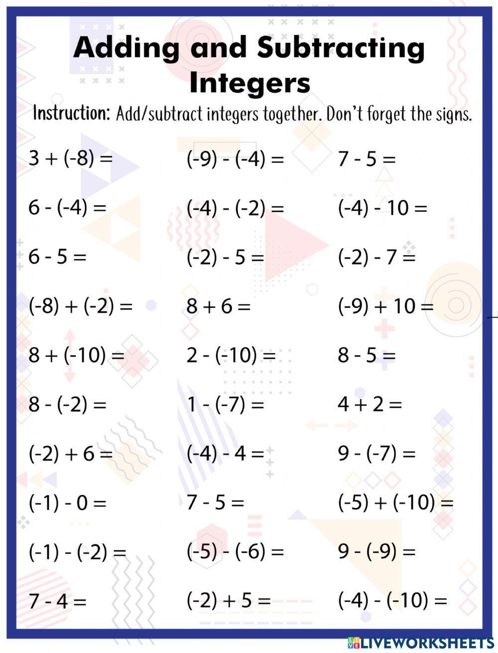 adding and subtracting integers worksheet with answers