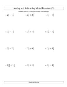 adding and subtracting mixed number worksheet 5th grade 10 7a