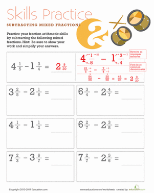 adding and subtracting mixed number worksheet 5th grade 10 7a
