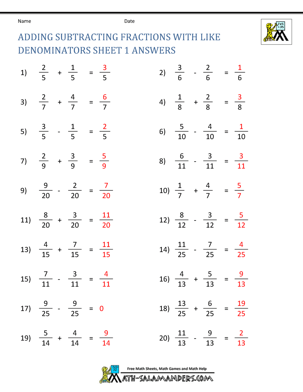 adding and subtracting mixed numbers with like denominators worksheet