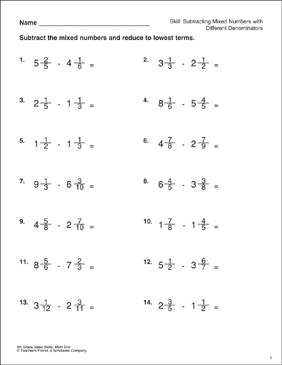 Subtracting Mixed Numbers with Different Denominators (Grades 5-6 ...
