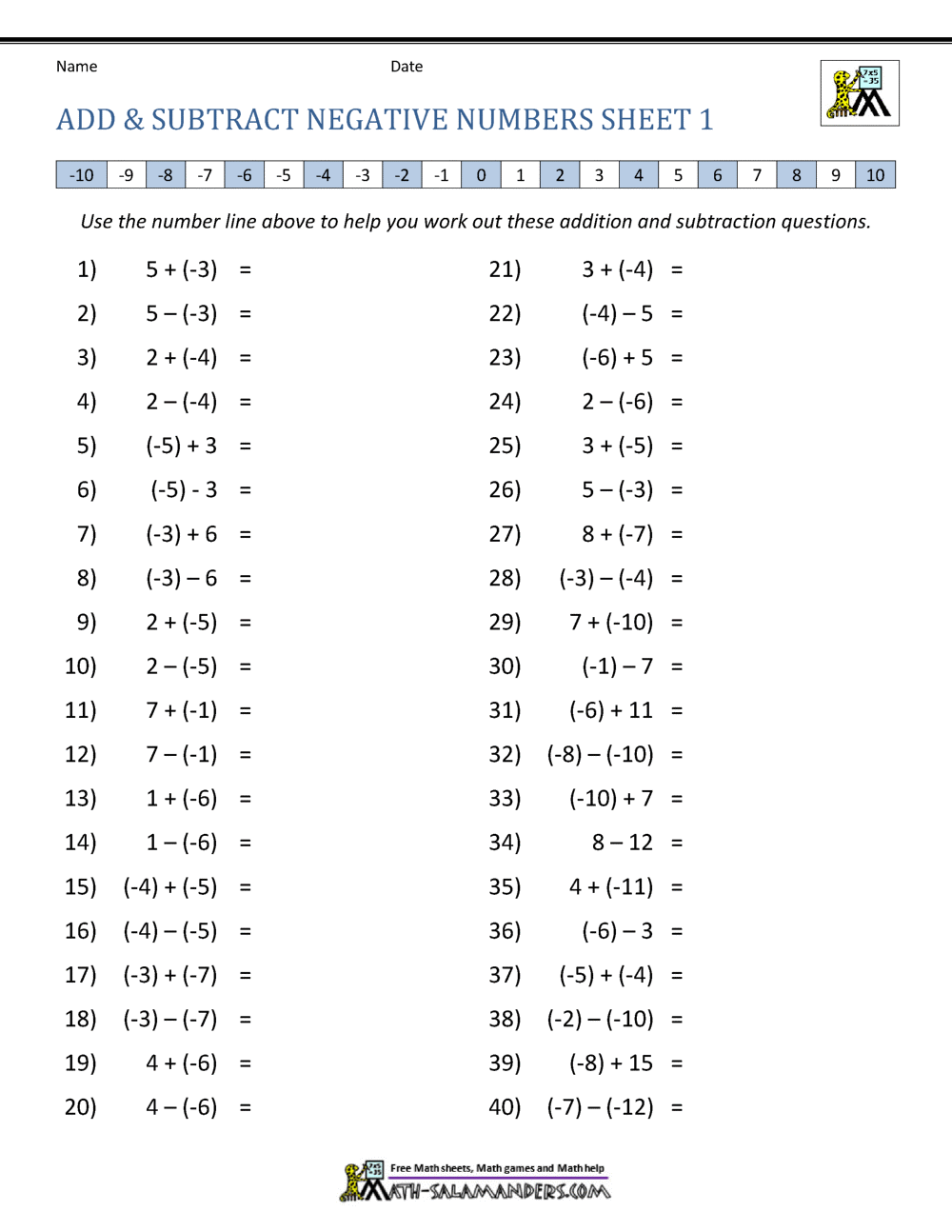 adding and subtracting negative and positive numbers worksheet