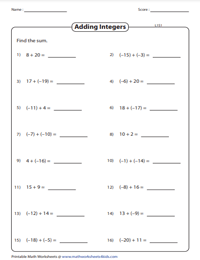 adding and subtracting negative numbers worksheet with answers