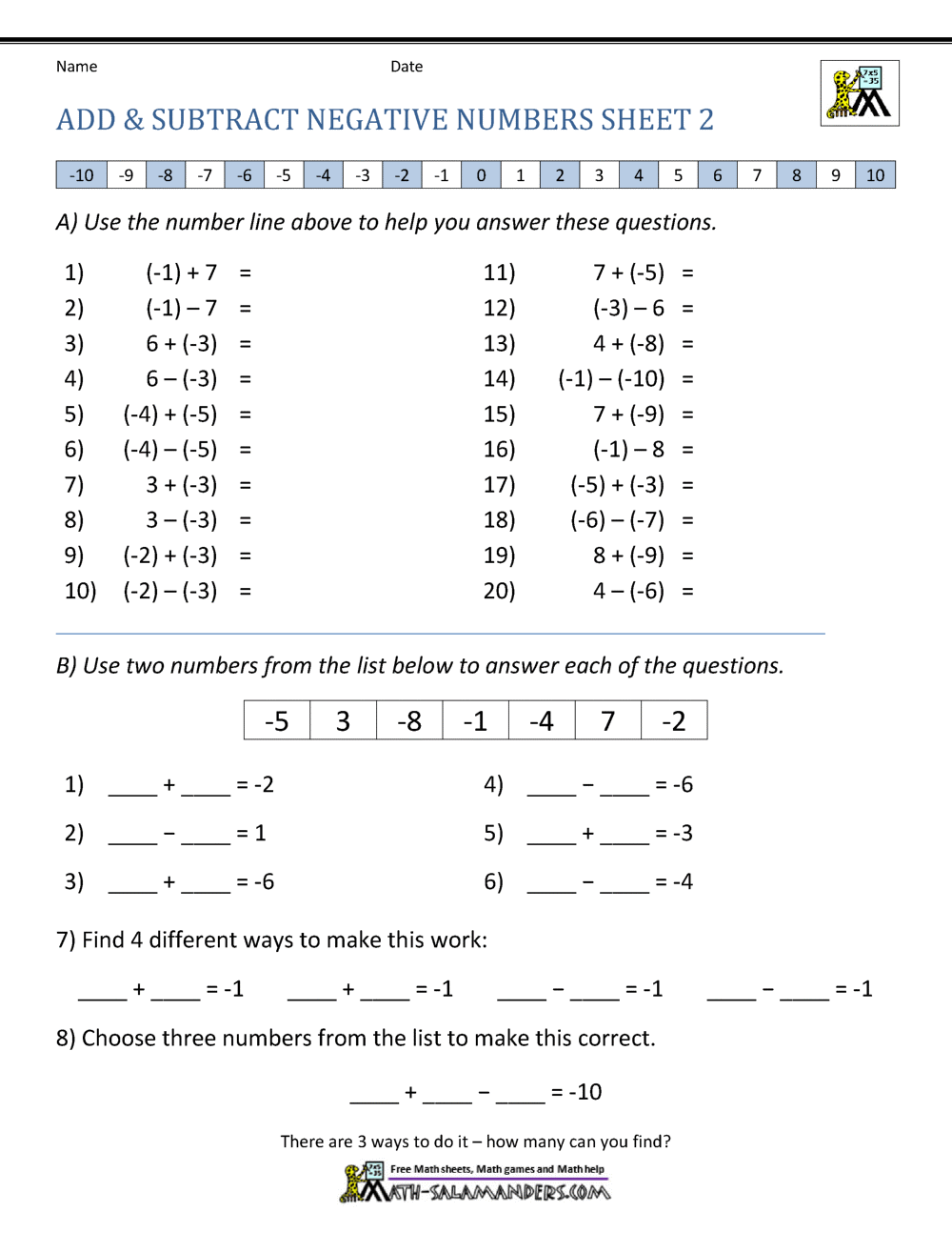 adding and subtracting negatives worksheet