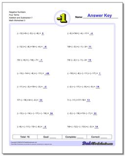 Adding and Subtracting Negative Numbers Worksheets