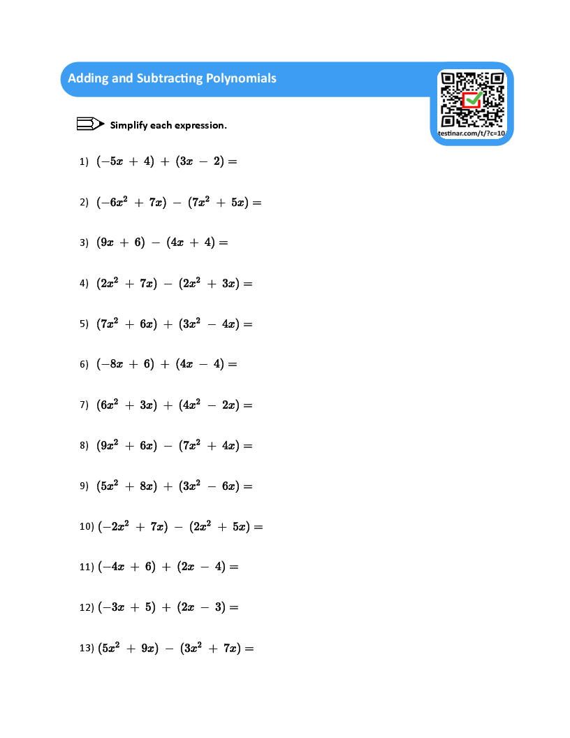 Subtracting Polynomials Lesson Plans &  Worksheets :: 25 - 48