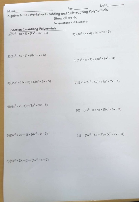 adding and subtracting polynomials worksheet answers algebra 1