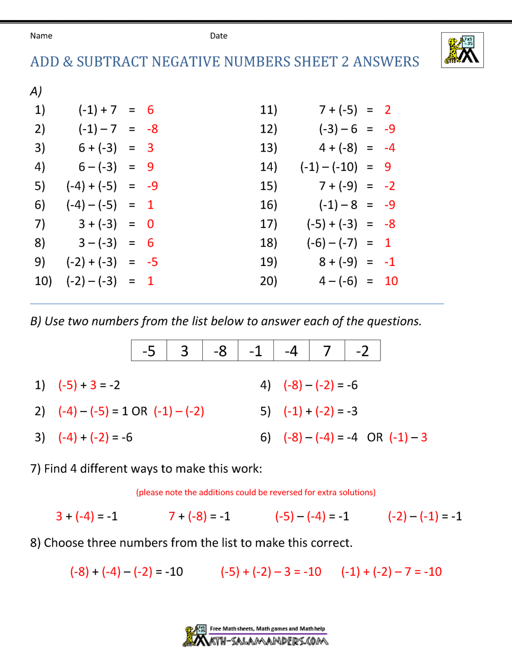 Adding and Subtracting Negative Numbers
