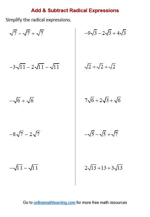 Add &  Subtract Radicals Worksheets (printable, online, answers ...