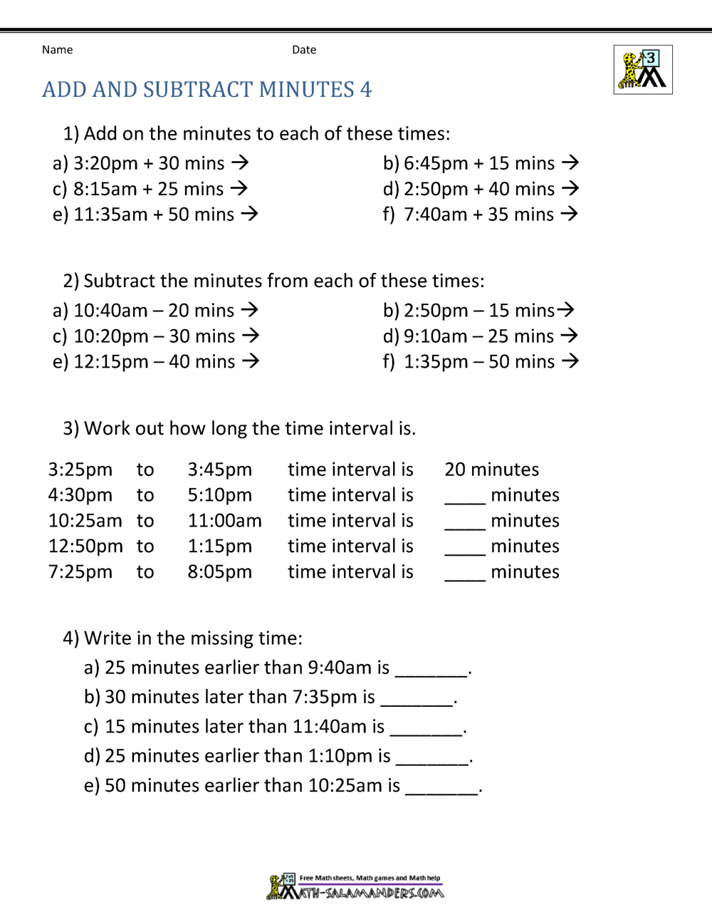 Add and Subtract Time Worksheets