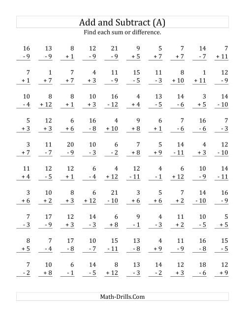 Adding and Subtracting with Facts From 1 to 12 (A)