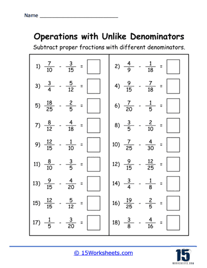 adding and subtracting uneven fractions worksheet