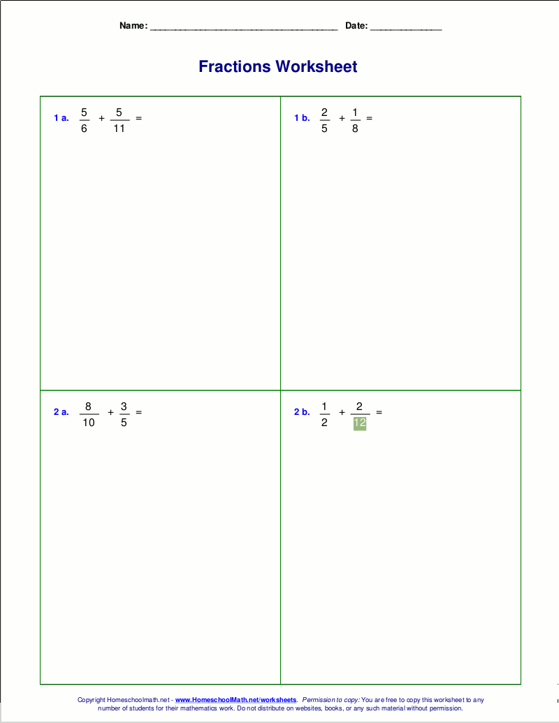 Worksheets for fraction addition
