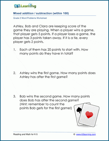 Grade 2 Addition and Subtraction word problem Worksheets (2 digits ...
