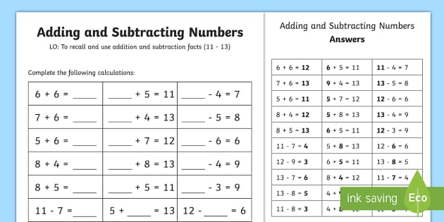 Number Facts Worksheet 11-13 One Digit (teacher made)