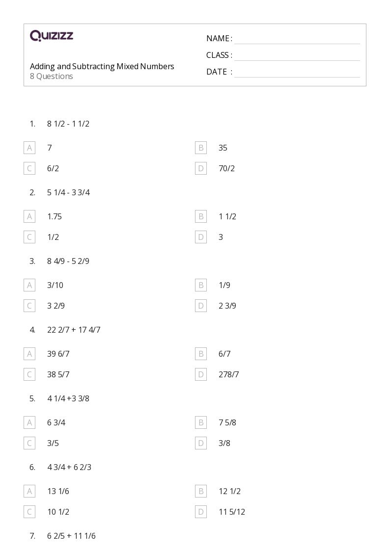 50+ Adding and Subtracting Mixed Numbers worksheets for 7th Class ...