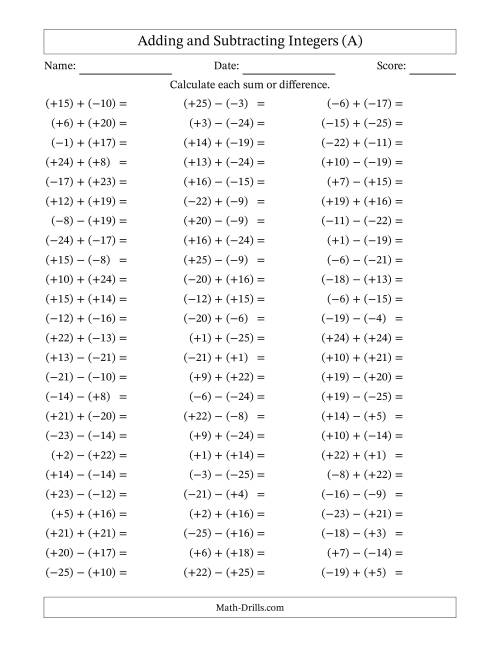 Adding and Subtracting Mixed Integers from -25 to 25 (75 Questions ...