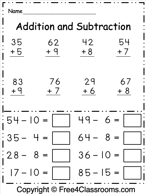 Free adding and subtraction worksheet for, Download Free adding and ...