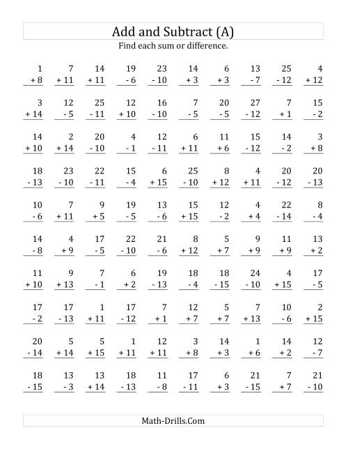 Adding and Subtracting with Facts From 1 to 15 (A)
