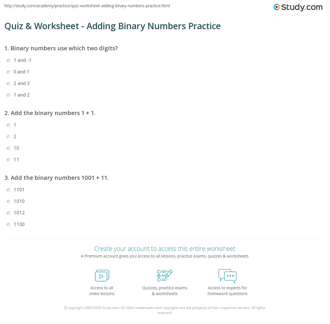Quiz &  Worksheet - Adding Binary Numbers Practice | Study.com