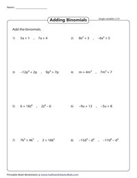 Adding Binomials Worksheets