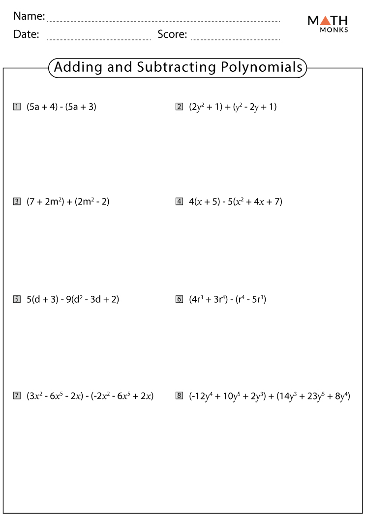 Adding and Subtracting Polynomials Worksheets with Answer Key