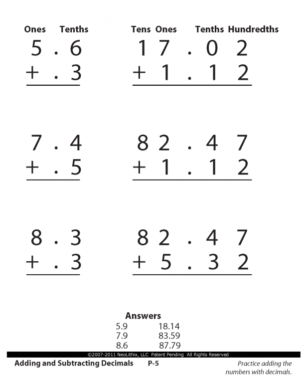 Fourth Grade Math Add & Subtract Decimals - Worksheets Library