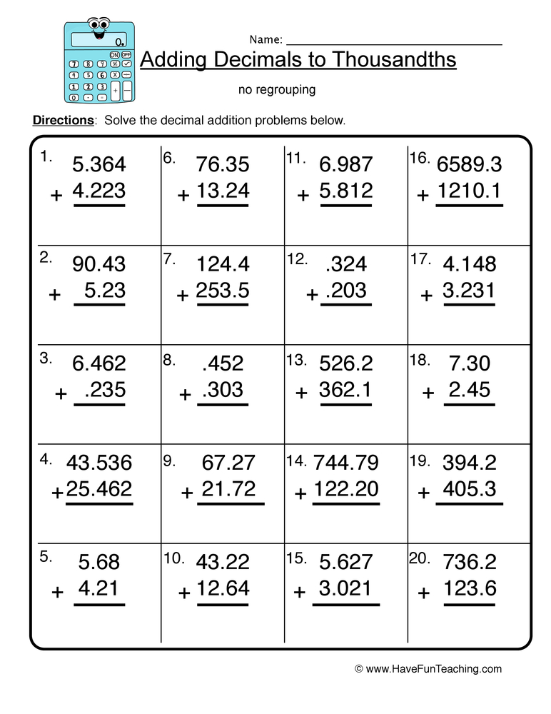 Adding Thousandths Decimal Worksheet  