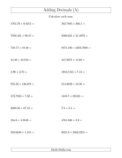 Adding Decimals With Up to Four Places Before and After the ...