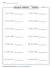 Decimal Horizontal Addition Worksheets