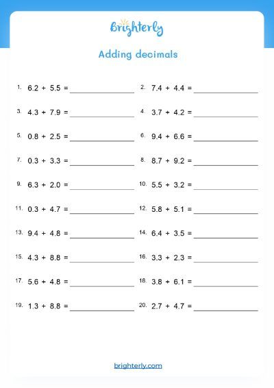 Free Printable Adding Decimals Worksheet [PDFs] Brighterly.com ...