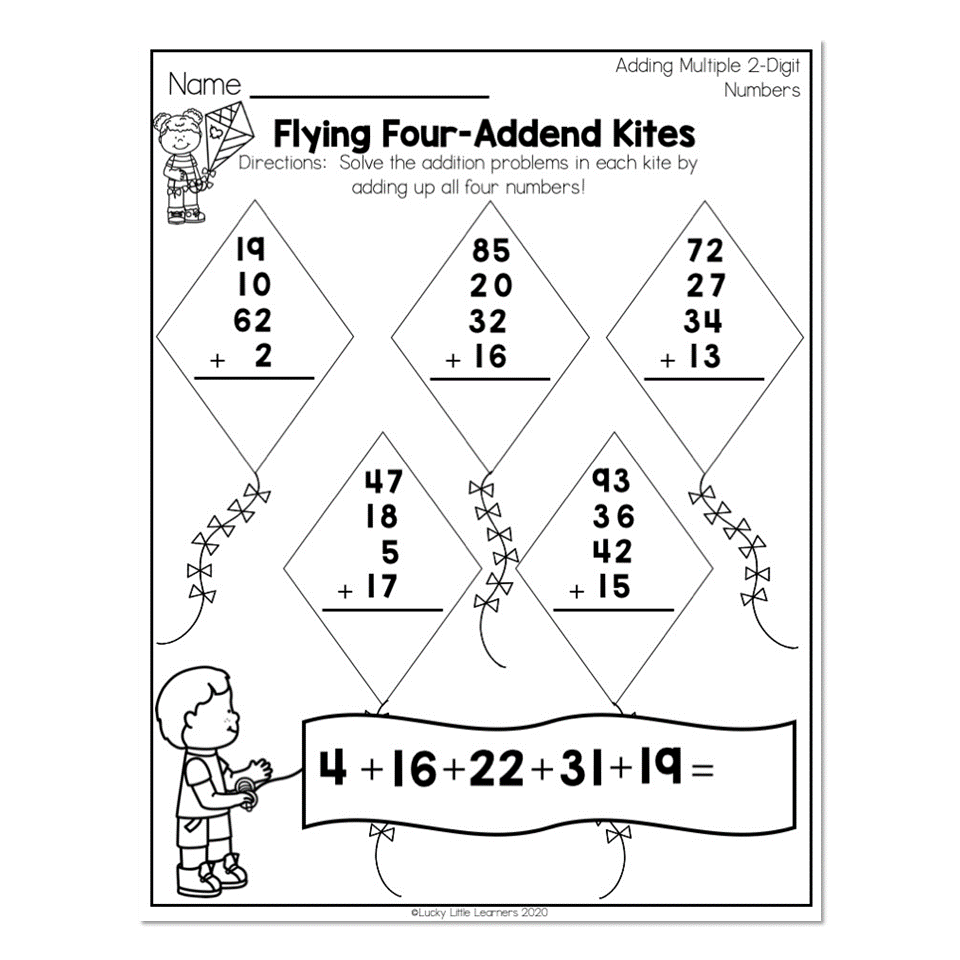 Grade 2 math worksheet add 2digit numbers in columns, with