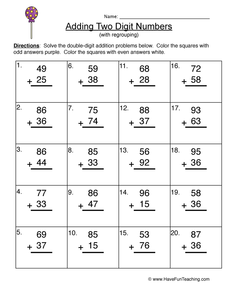 Double Digit Add Regroup Worksheet  