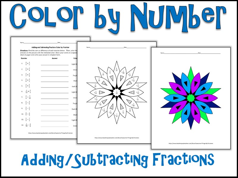Adding and Subtracting Fractions Color by Number  
