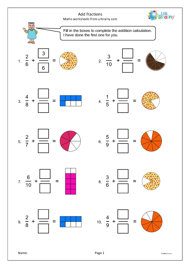 Add fractions - Fraction Worksheets for Year 3 (age 7-8) by ...