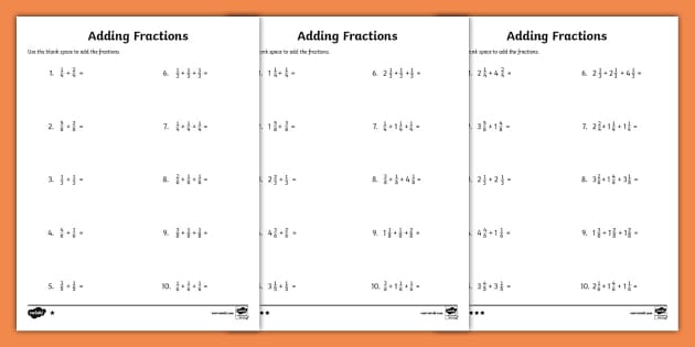 adding fractions like denominators worksheet