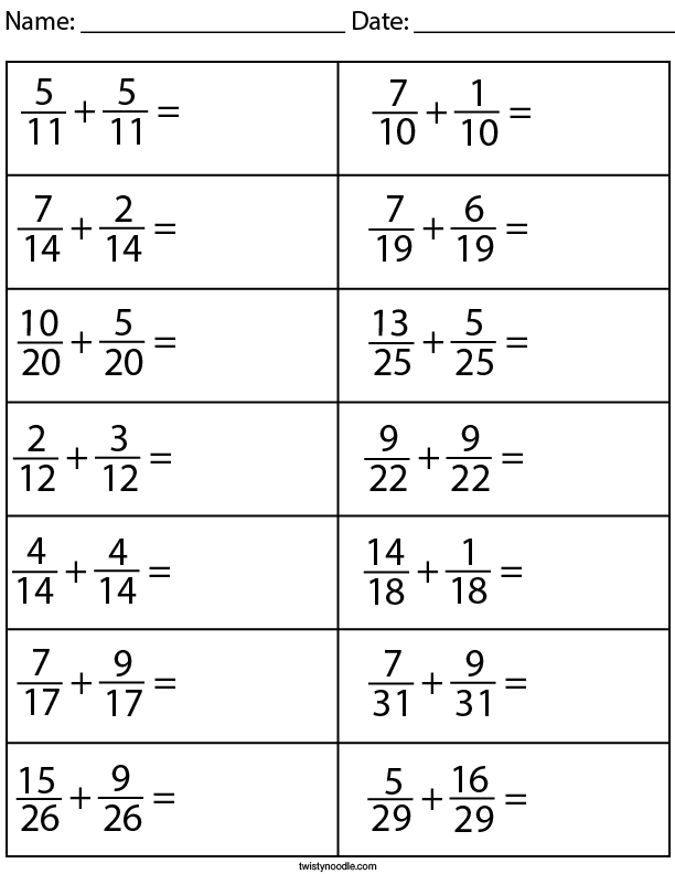 Adding Fractions with Common Denominator Math Worksheet - Twisty ...