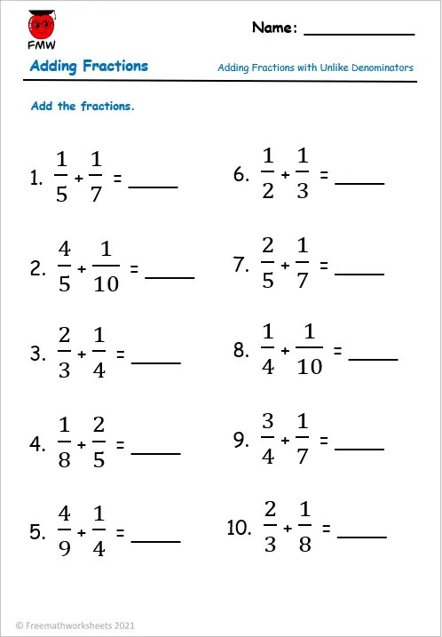 Adding Fractions with Unlike Denominators | Free Worksheets ...