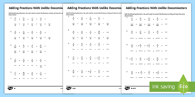 adding fractions unlike denominators worksheet answer keys