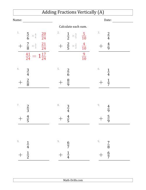 adding fractions unlike denominators worksheet