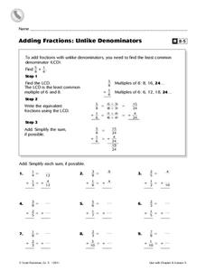 adding fractions unlike denominators worksheet