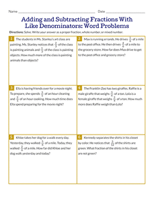 adding fractions with like denominators word problems worksheet