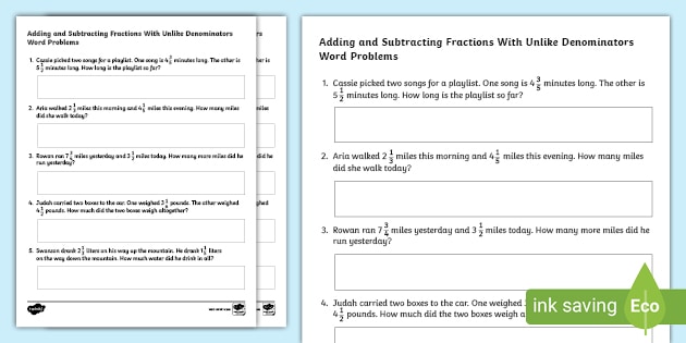 adding fractions with like denominators word problems worksheet