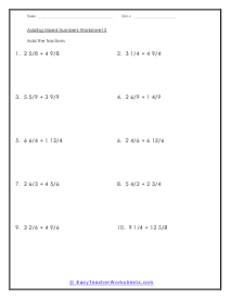 Adding Mixed Numbers Worksheets