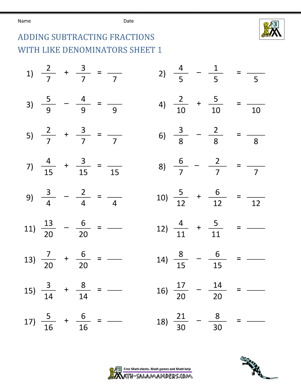 adding fractions with same denominator worksheet
