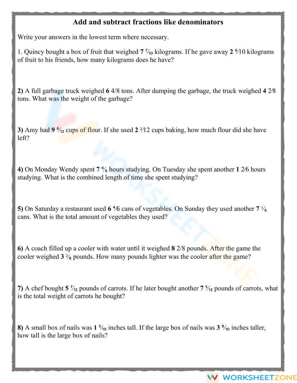 Free Adding Fractions Word Problems Worksheet Download Free Adding