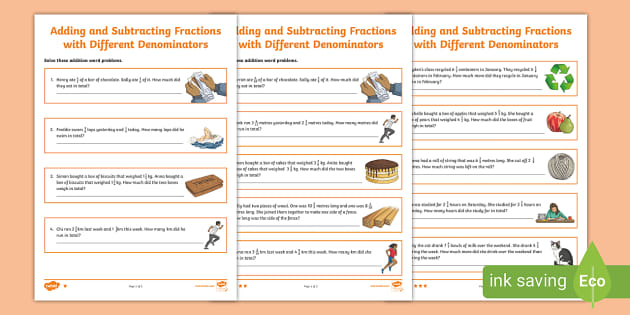 Adding and Subtracting Fractions with Different Denominators Word ...