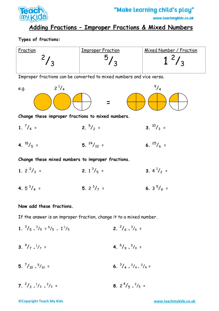 Adding Fractions - Improper Fractions and Mixed Numbers